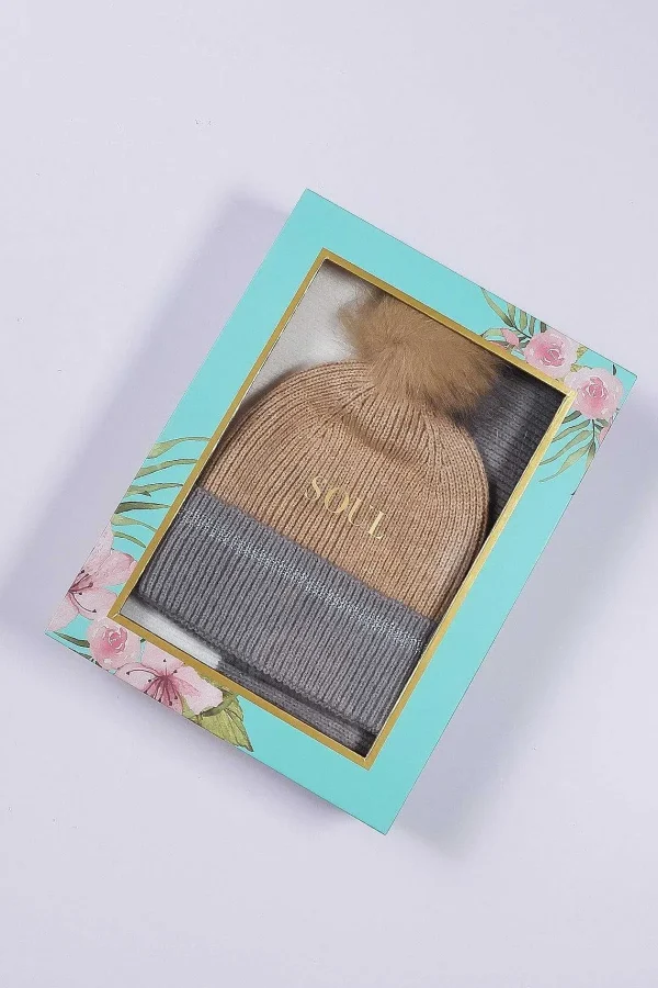 SOUL Accessories Stripe Panel Scarf And Beanie In Camel* Teenager
