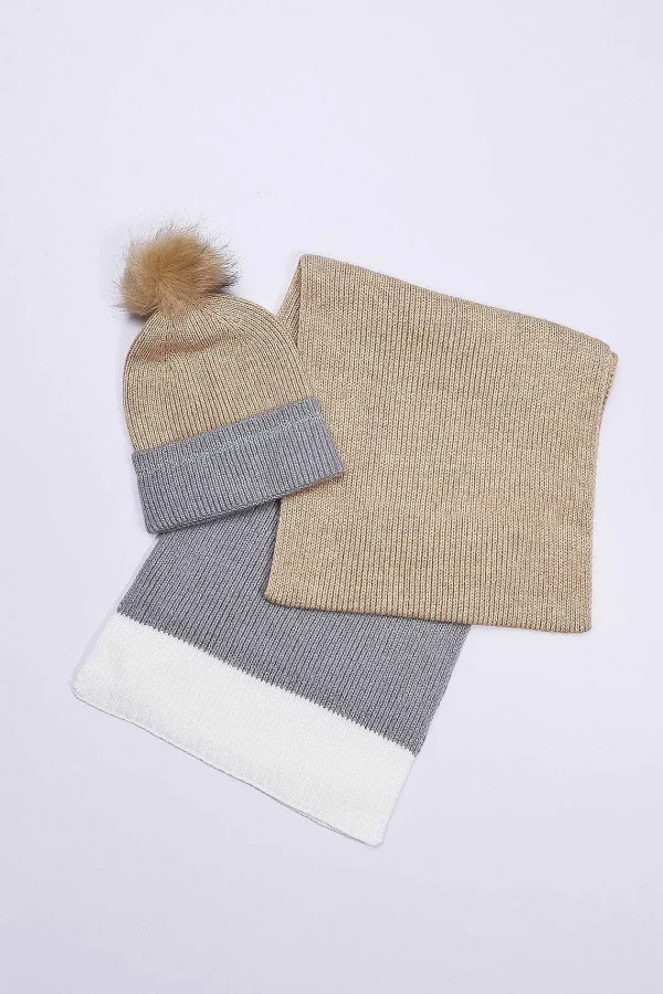 SOUL Accessories Stripe Panel Scarf And Beanie In Camel* Teenager