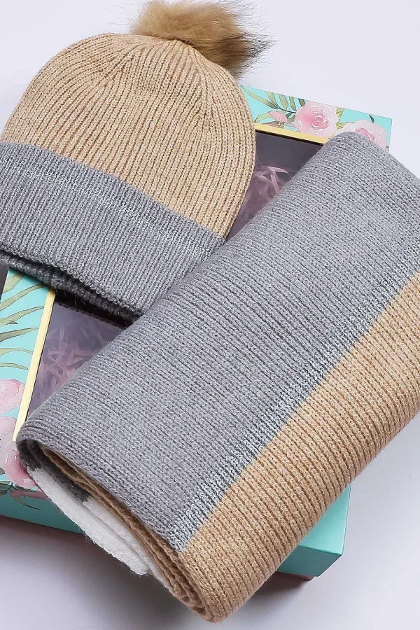 SOUL Accessories Stripe Panel Scarf And Beanie In Camel* Teenager