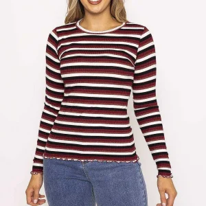 Kelly & Grace Weekend Stripe Rib Top In Burgundy*Women Tops & Blouses