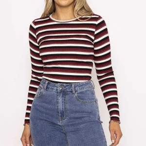 Kelly & Grace Weekend Stripe Rib Top In Burgundy*Women Tops & Blouses