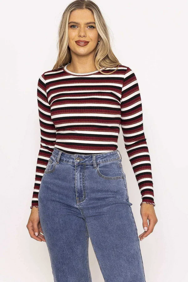 Kelly & Grace Weekend Stripe Rib Top In Burgundy*Women Tops & Blouses