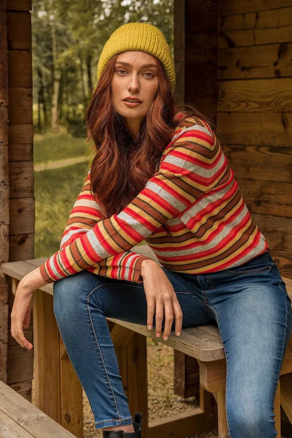 Kelly & Grace Weekend Stripe Ruffle Neck In Multi*Women Jumpers & Cardigans