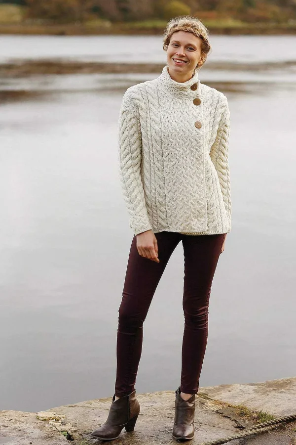 Aran Woollen Mills Super Soft 3 Button Merino Wool Cardigan In White*Women Jumpers & Cardigans