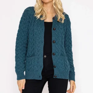 Aran Woollen Mills Super Soft Merino Wool Cardigan In Teal*Women Jumpers & Cardigans