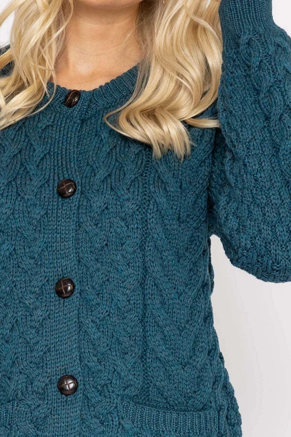 Aran Woollen Mills Super Soft Merino Wool Cardigan In Teal*Women Jumpers & Cardigans
