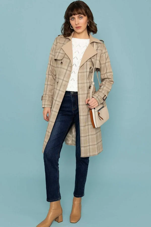 Rowen Avenue Tan Check Trench Coat*Women Coats & Jackets