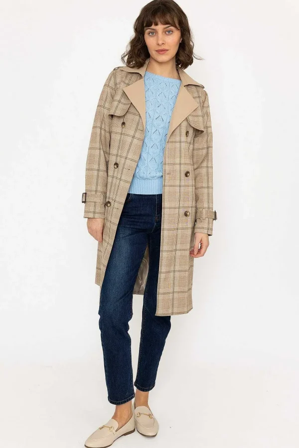 Rowen Avenue Tan Check Trench Coat*Women Coats & Jackets