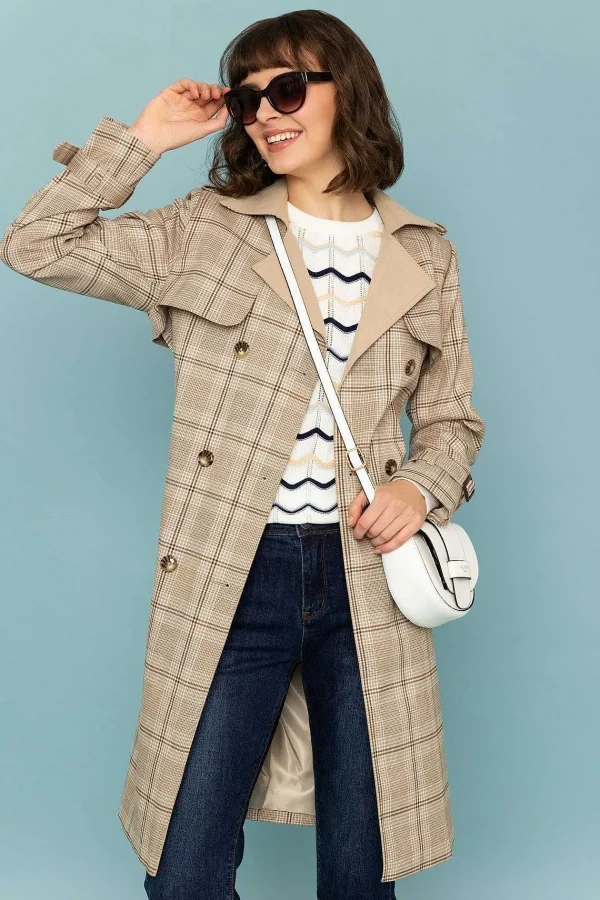 Rowen Avenue Tan Check Trench Coat*Women Coats & Jackets