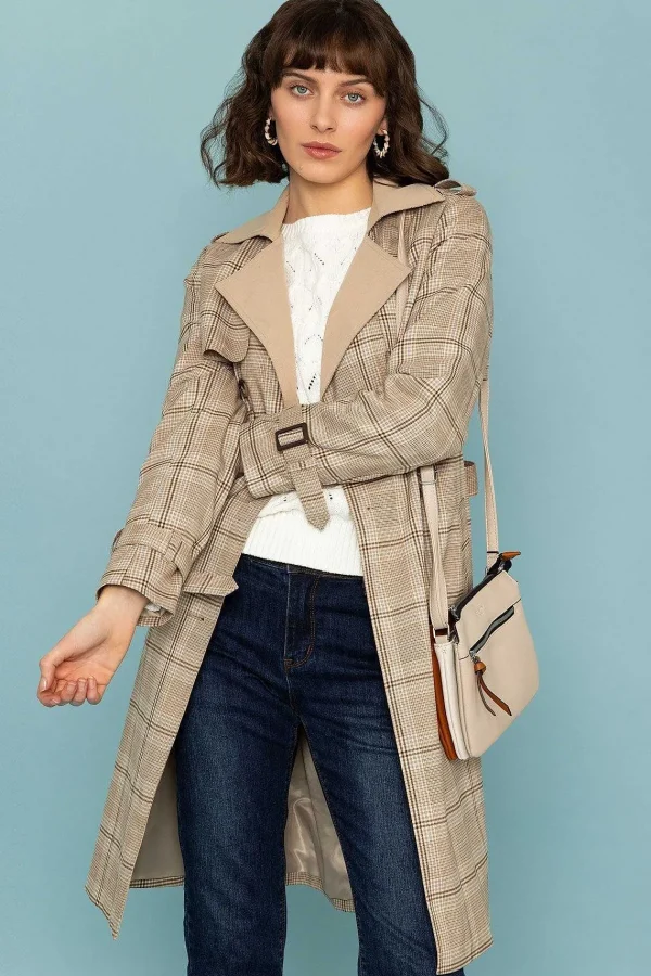 Rowen Avenue Tan Check Trench Coat*Women Coats & Jackets
