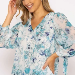 Rowen Avenue Tie Sleeve Blouse In Blue Print*Women Tops & Blouses