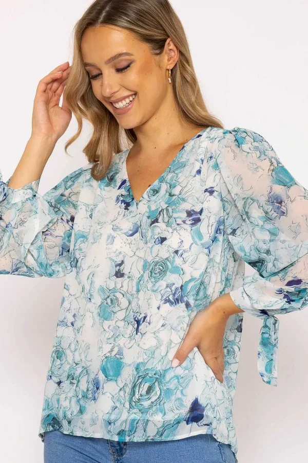 Rowen Avenue Tie Sleeve Blouse In Blue Print*Women Tops & Blouses