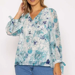 Rowen Avenue Tie Sleeve Blouse In Blue Print*Women Tops & Blouses