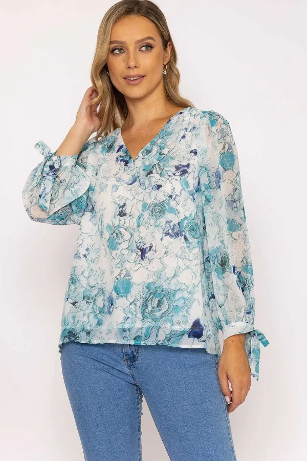 Rowen Avenue Tie Sleeve Blouse In Blue Print*Women Tops & Blouses
