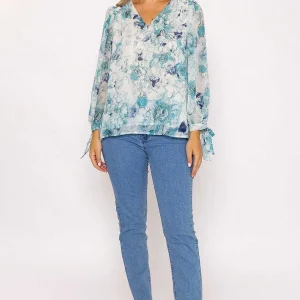 Rowen Avenue Tie Sleeve Blouse In Blue Print*Women Tops & Blouses
