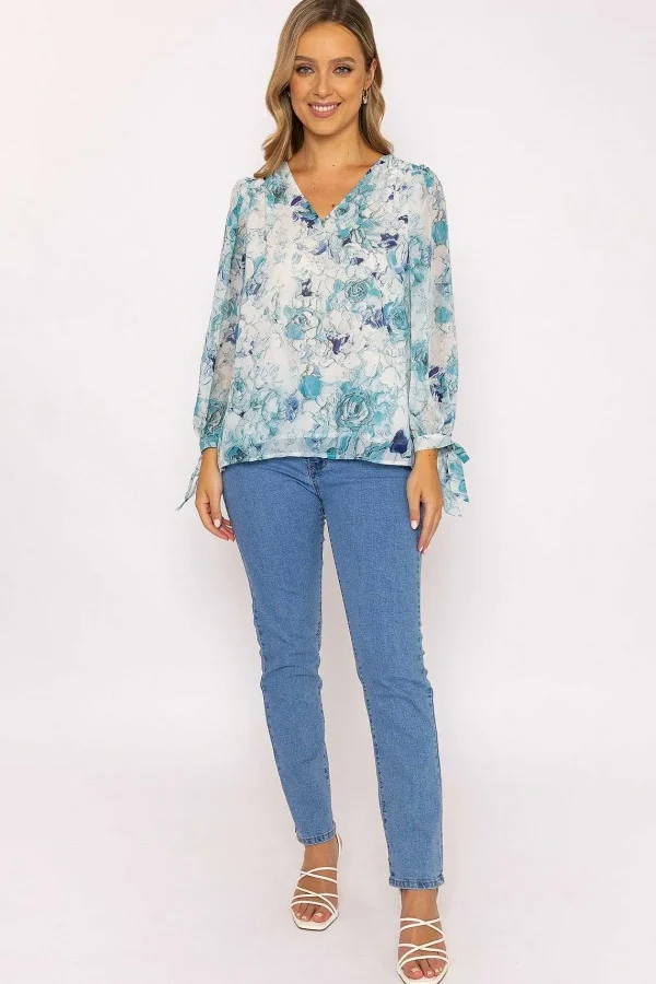 Rowen Avenue Tie Sleeve Blouse In Blue Print*Women Tops & Blouses