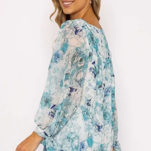 Rowen Avenue Tie Sleeve Blouse In Blue Print*Women Tops & Blouses