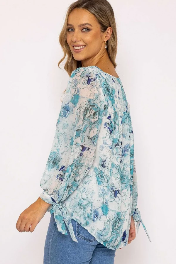 Rowen Avenue Tie Sleeve Blouse In Blue Print*Women Tops & Blouses