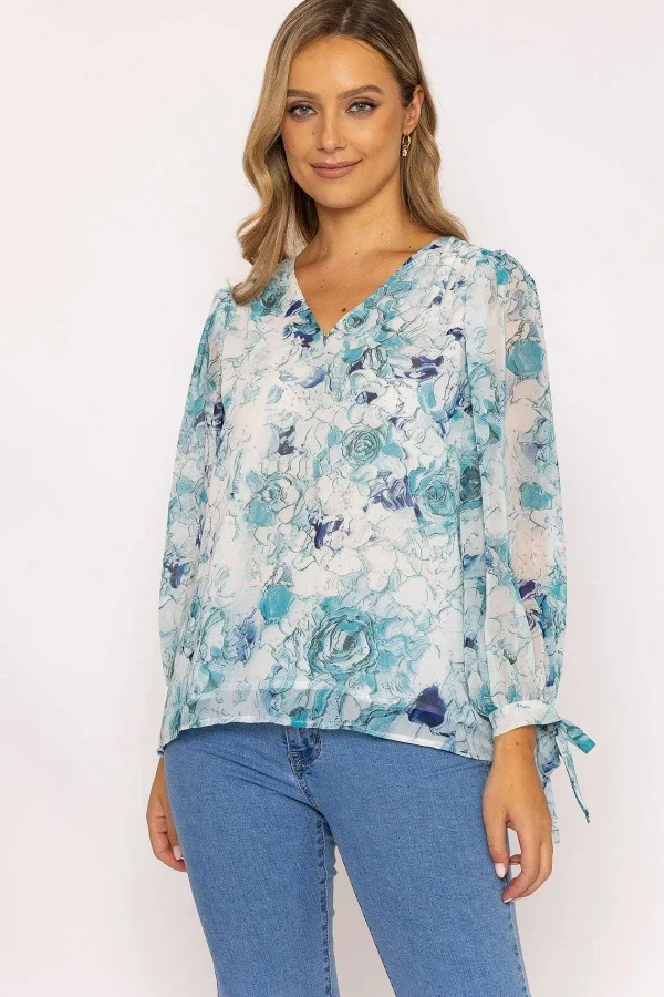 Rowen Avenue Tie Sleeve Blouse In Blue Print*Women Tops & Blouses