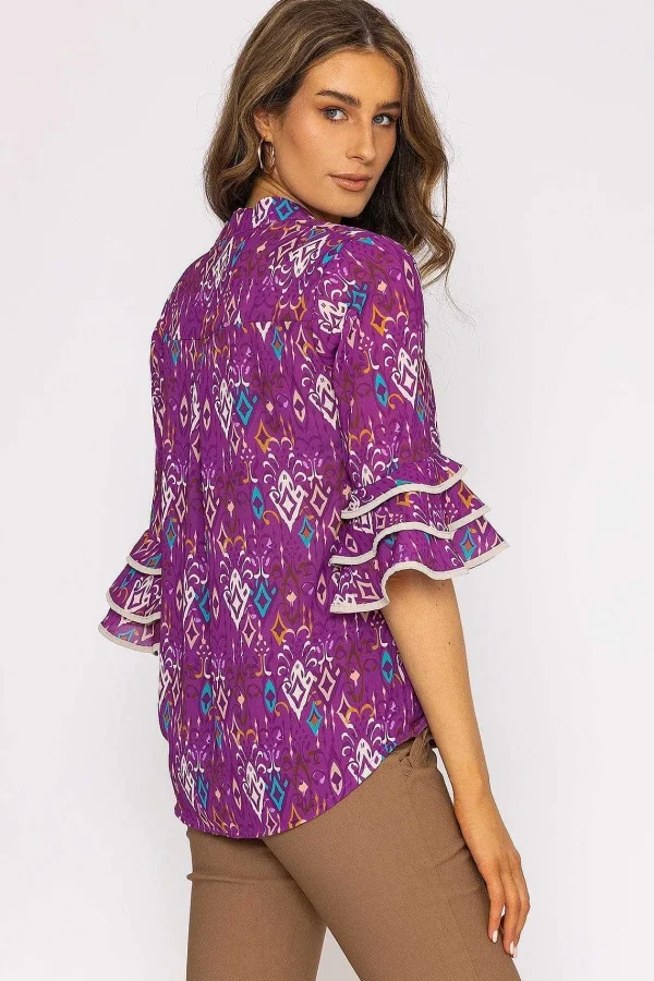 Pala D'oro V-Neck Frill Sleeve Top In Magenta Print*Women Tops & Blouses