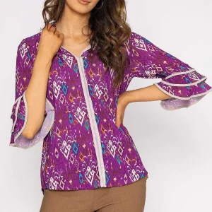Pala D'oro V-Neck Frill Sleeve Top In Magenta Print*Women Tops & Blouses