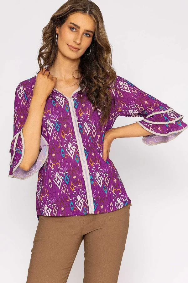 Pala D'oro V-Neck Frill Sleeve Top In Magenta Print*Women Tops & Blouses