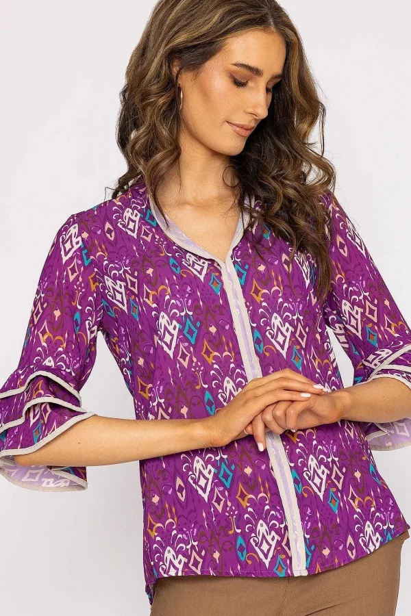 Pala D'oro V-Neck Frill Sleeve Top In Magenta Print*Women Tops & Blouses