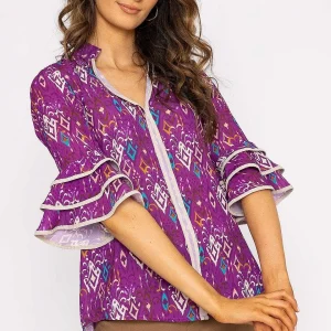 Pala D'oro V-Neck Frill Sleeve Top In Magenta Print*Women Tops & Blouses