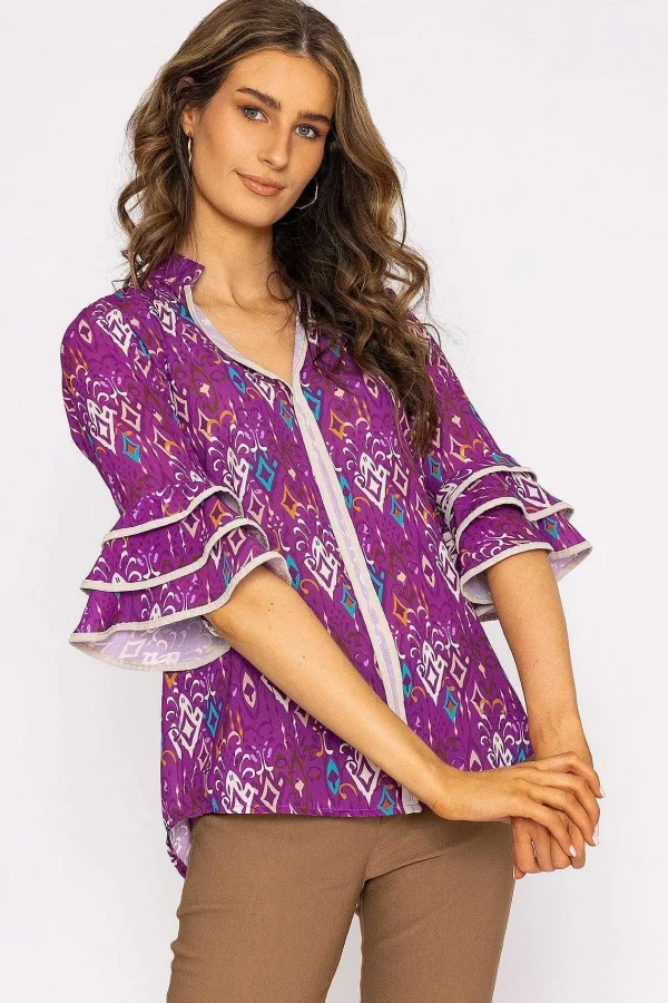 Pala D'oro V-Neck Frill Sleeve Top In Magenta Print*Women Tops & Blouses