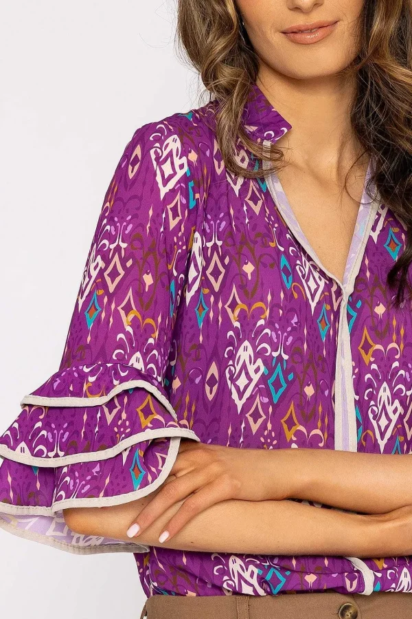 Pala D'oro V-Neck Frill Sleeve Top In Magenta Print*Women Tops & Blouses