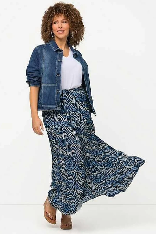 Ulla Popken Wave Print Long Skirt In Navy*Women Skirts & Shorts
